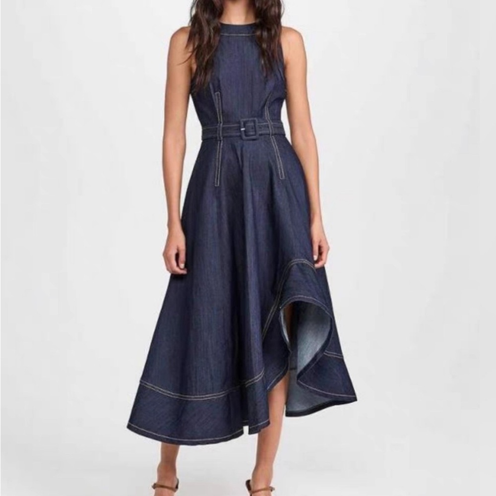 Cinq a Sept Blue Zelda Belted Asymmetric Denim Dress